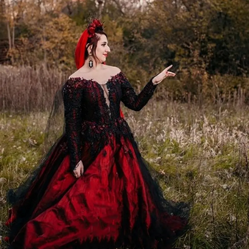 princess polly baby blue dress Vintage Gothic Wedding Dress with Long Sleeves, Lace Appliques, Beading, and Sheer Neckline in Black and Red