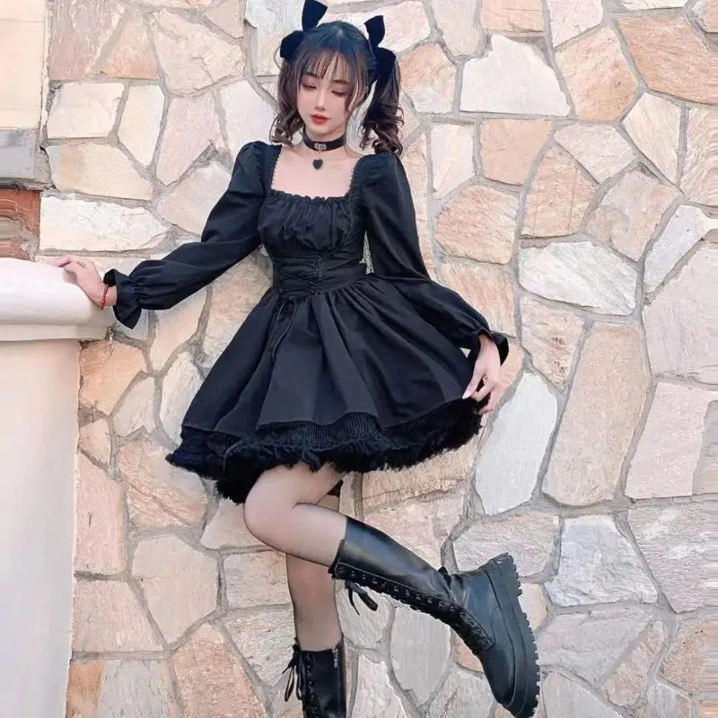 Black Goth Dresses: Long Sleeve Lace Gothic Velvet Dress With