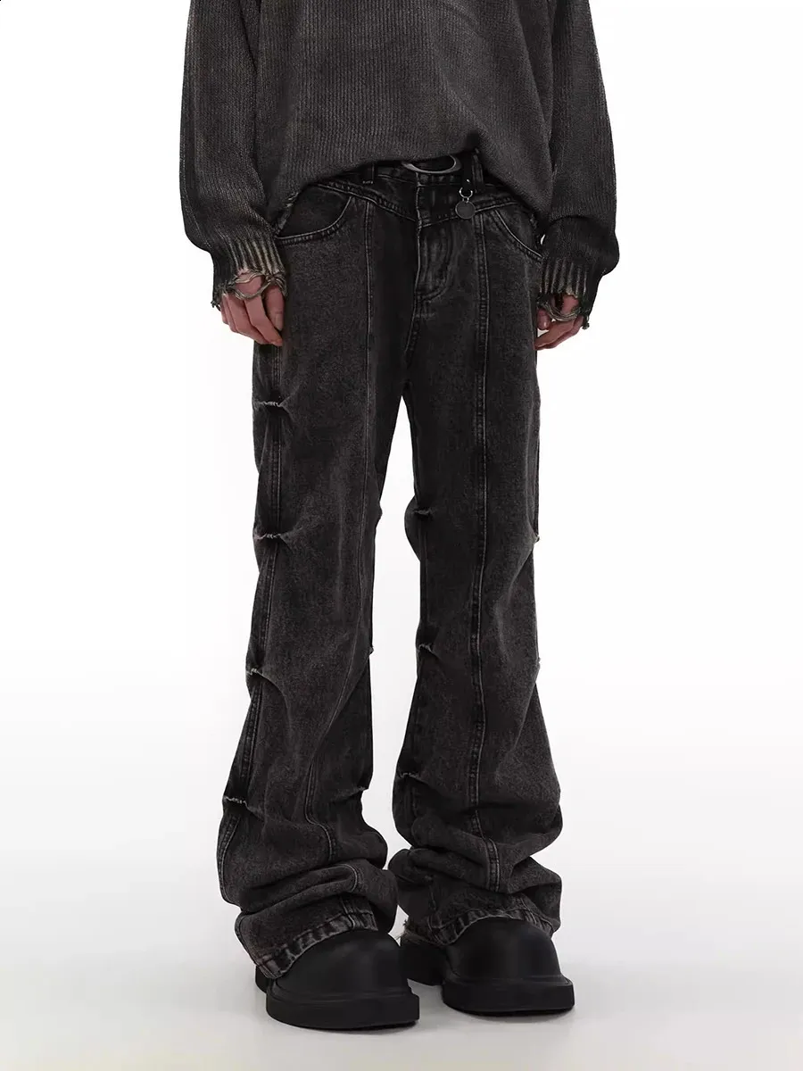 Men's Y2K Gray Pintuck Flare Jeans - Vintage Pleated Harajuku