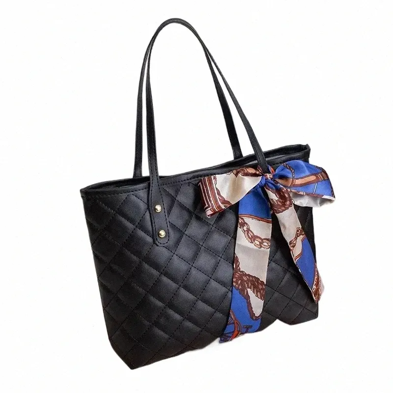 Large Capacity Quilted Tote Bag Stylish Embroidered Shoulder Bag with  Scarf Accent, Trendy Bucket Bag for Women, Everyday Chic