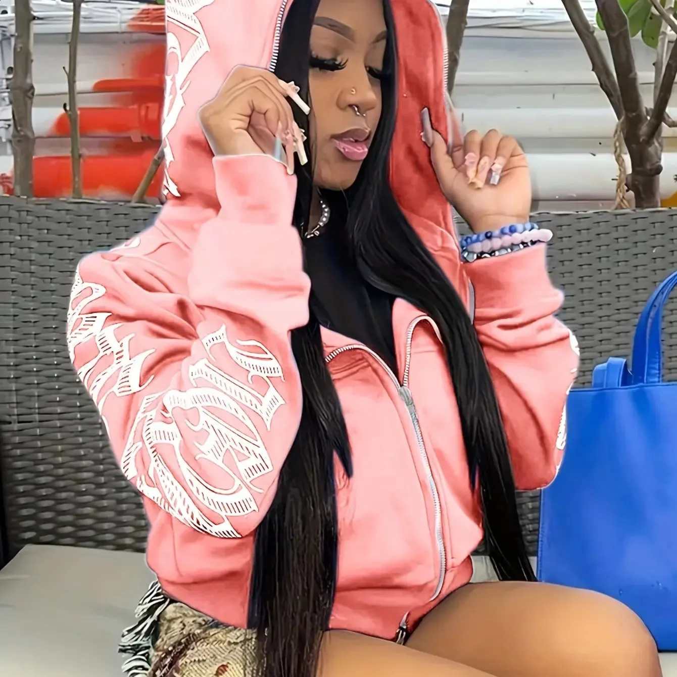 Gothic Y2K Zip-Up Hoodie: Cyberpunk Sweatshirt for Women