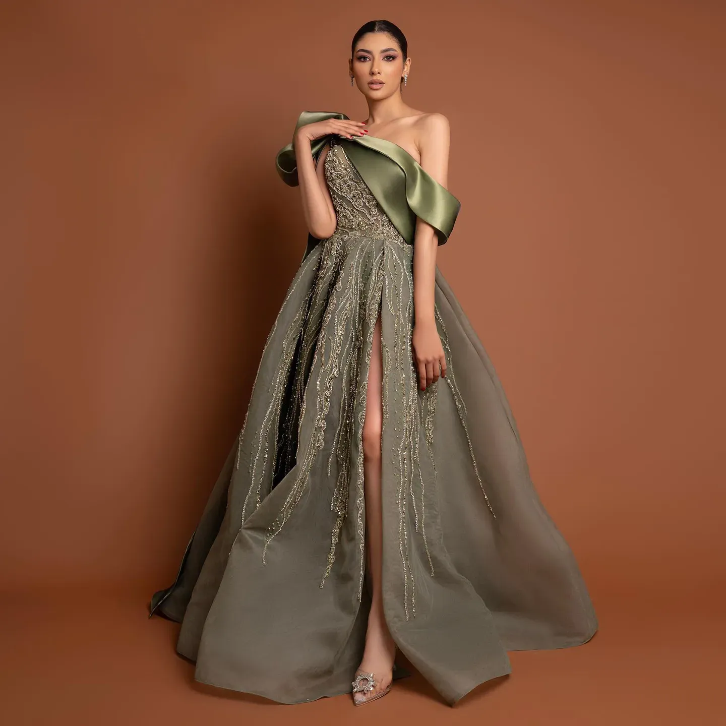 2025 One Shoulder Sage Satin von maur prom dresses with Front Split - Plus Size Formal Evening & Birthday Gown