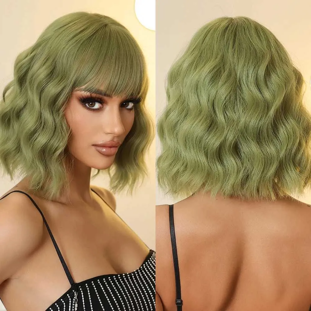 Synthetic Wigs Olive Green Short Wavy Bob with Bangs for  display picture 1