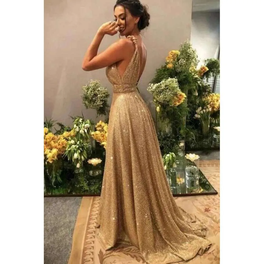 2023 Champagne Gold V Neck Backless Party Robe Maxi With Sequins And ...