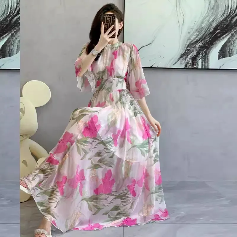 Summer Floral Print Chiffon Dress For Women Fashionable Flash Sleeves Butterfly Bow At The Back Lace Up Casual Long Robe 240718 From Youngstore02 23.41 DHgate.Com