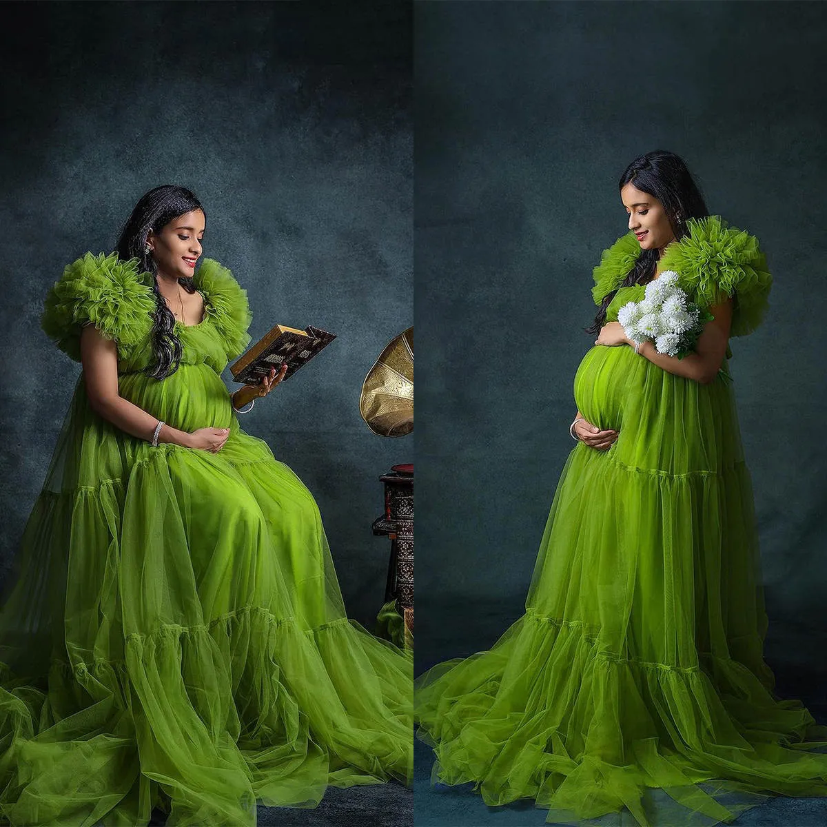 Maternity Feather Tulle Robe for Photoshoot Square Neck Ruffle