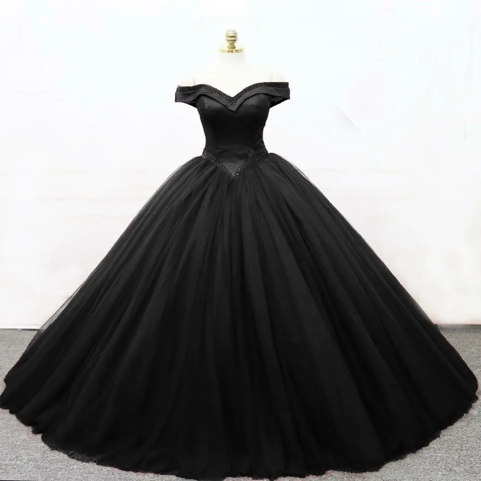 Vintage Black Gothic Off Shoulder Black Ballgown Wedding Dress With ...