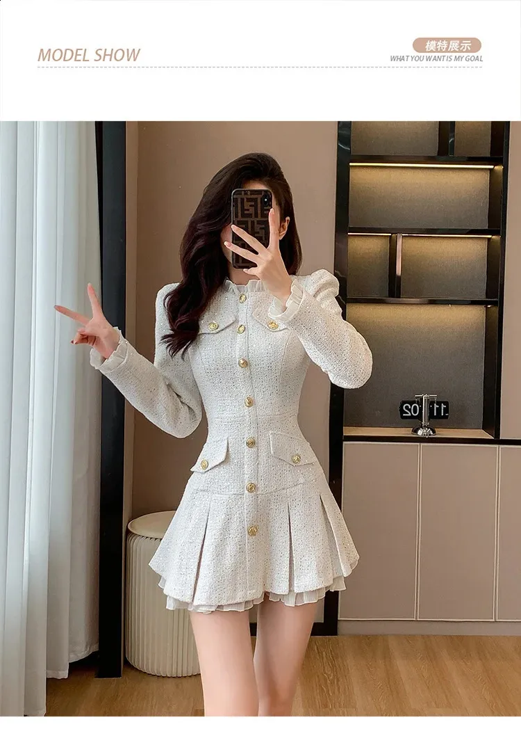 Tweed Mini Dress: Autumn Long Sleeve, Pleated Ruffle, Single