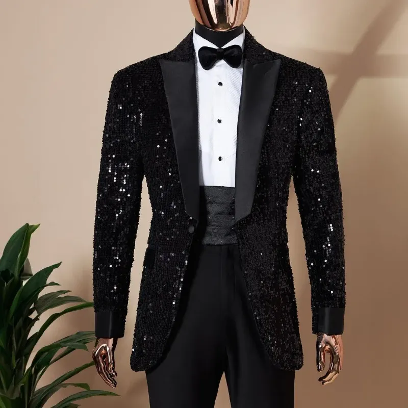 Shining Sequins Men Blazer Slim Fit Peak Lapel Suit Jacket One