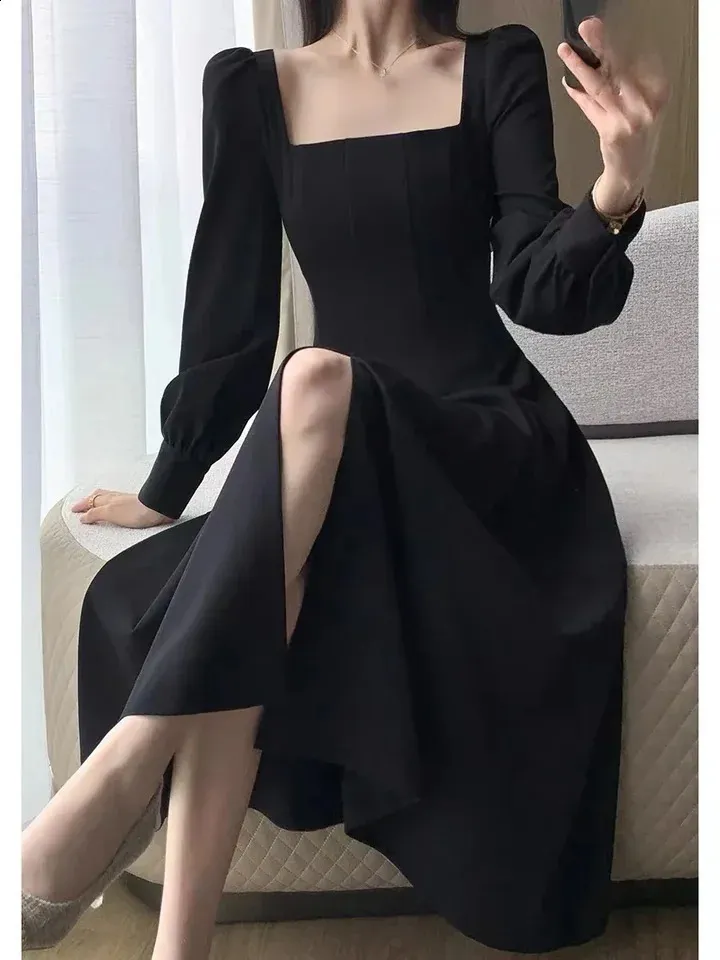 sachin and babi light blue dress French Style Slimming Long Sleeve Square Neck Midi Dress for Women - Elegant Black Waist Fitting, Inspired by Audrey Hepburn