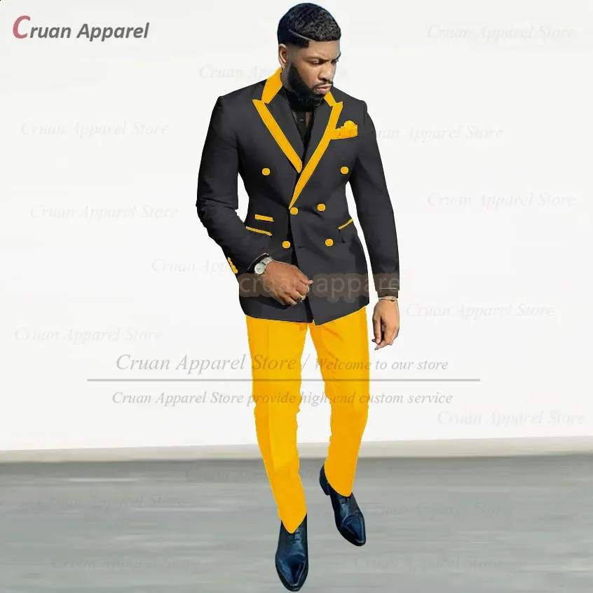 Blazer Yellow Blouse And Black Pants Fashion Black Suit Set For Men Formal  Party Tailor Made Double