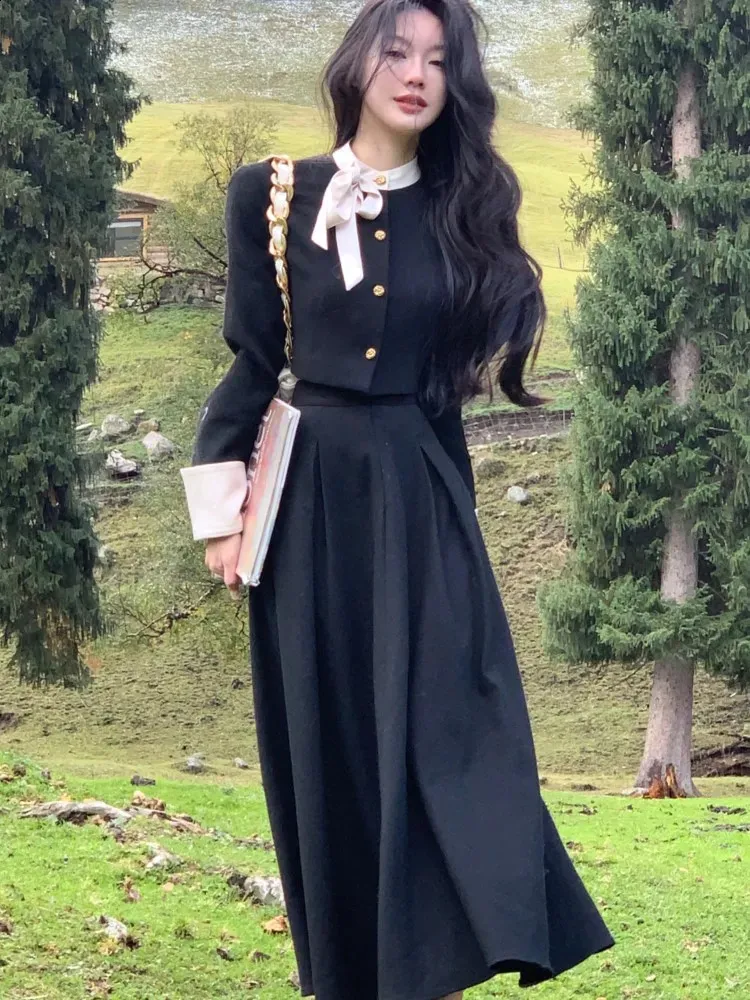 Two Piece Long Skirt Set: Womens Long Sleeve Cropped Jacket