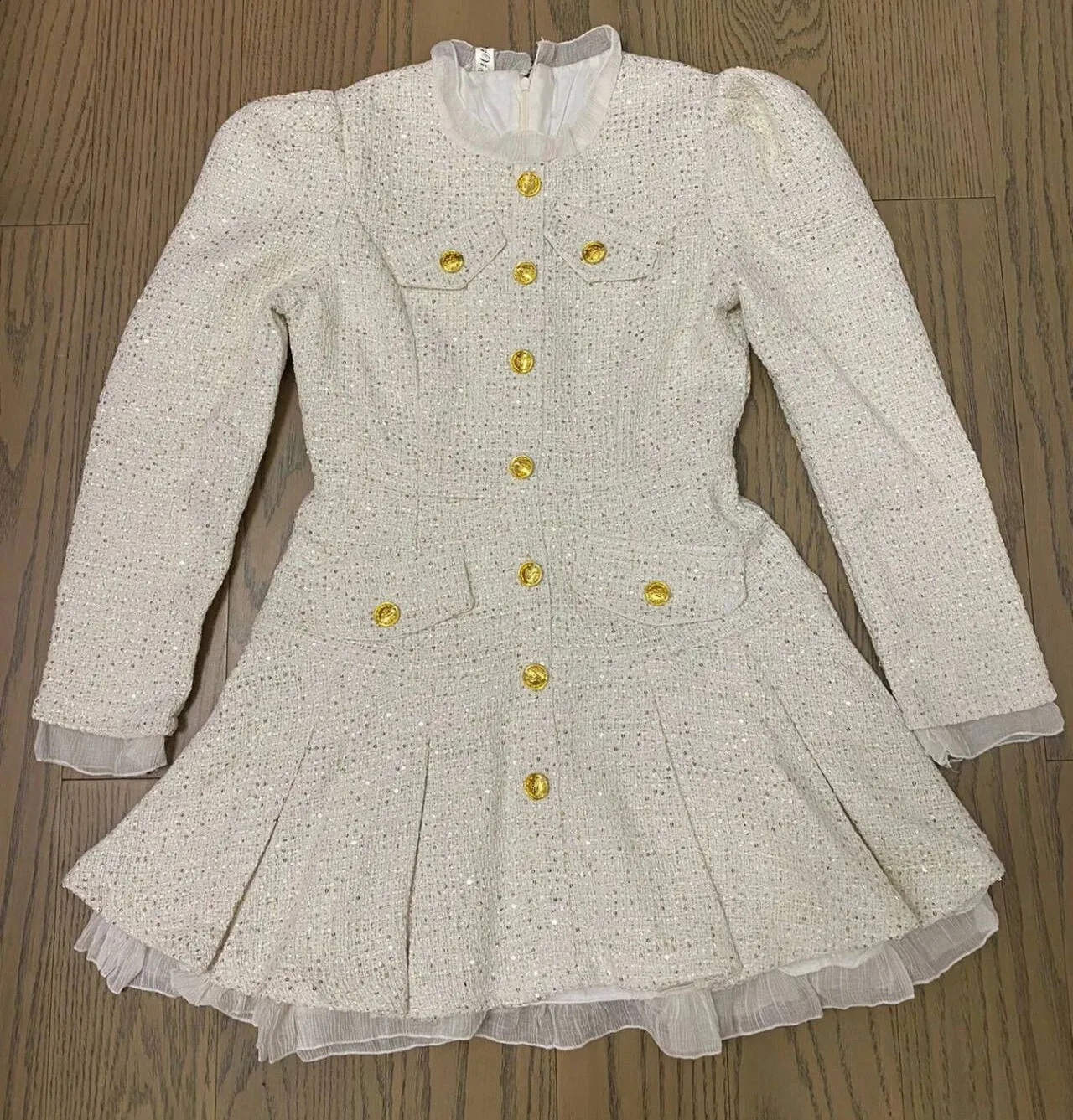 Tweed Mini Dress: Autumn Long Sleeve, Pleated Ruffle, Single