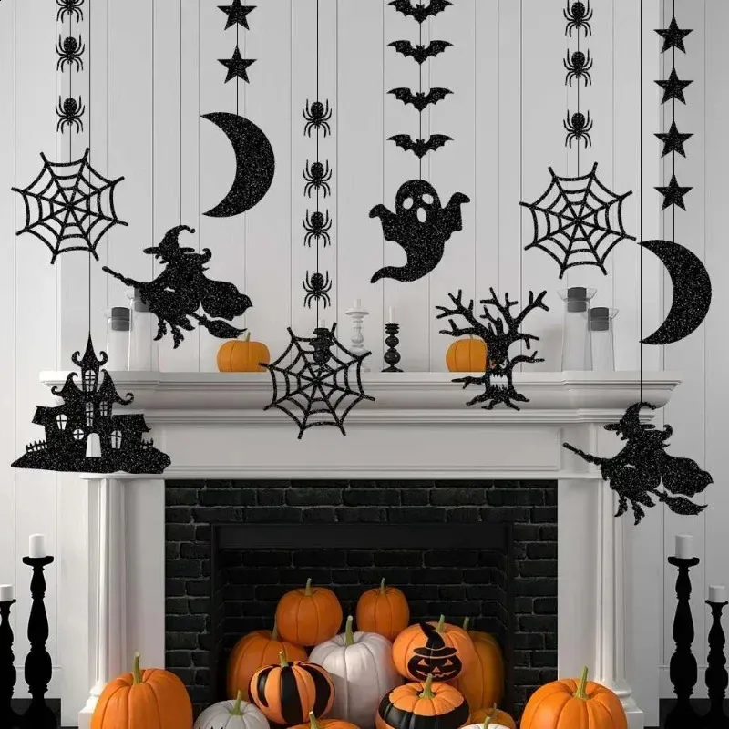 Little Witch Happy Halloween Banner - 15 Panel Pennant Party Decor With Ribbon