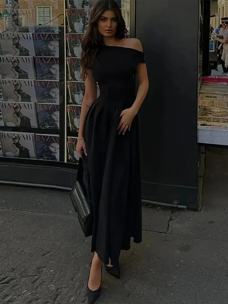 Elegant Womens Casual A-Line Dress, Slim Fit, Diagonal Collar, High Waist with Vent, Patchwork Design, Solid Color Fashion Robe