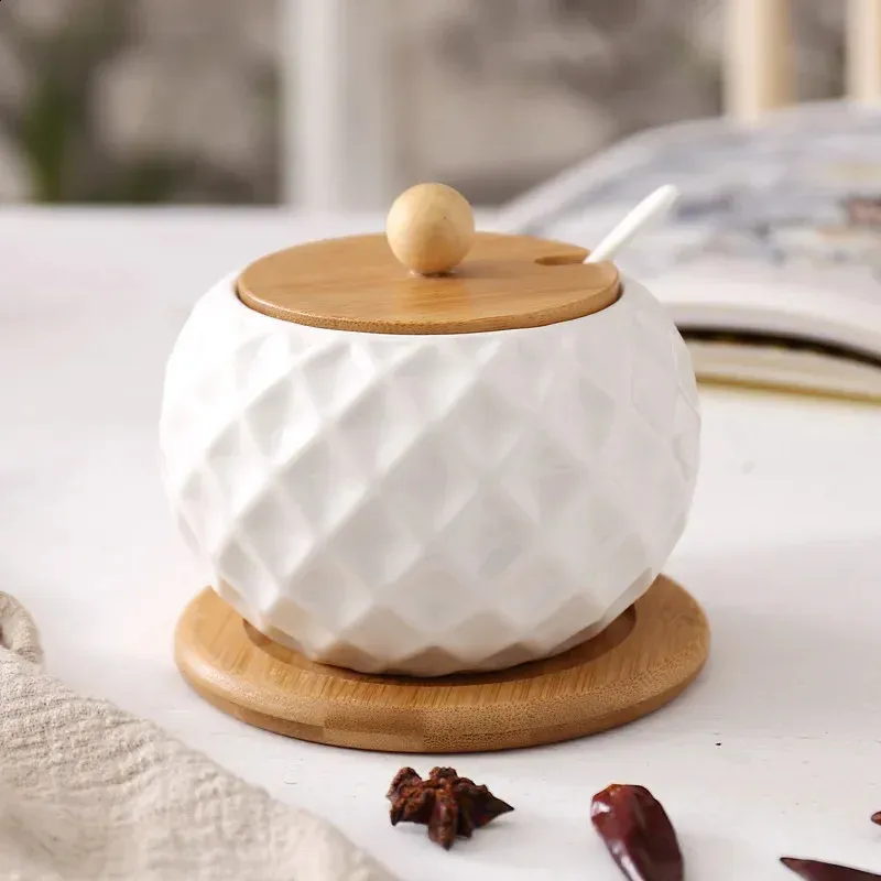 Ceramic Spice Jar Set White Seasoning Container with Wooden Lid
