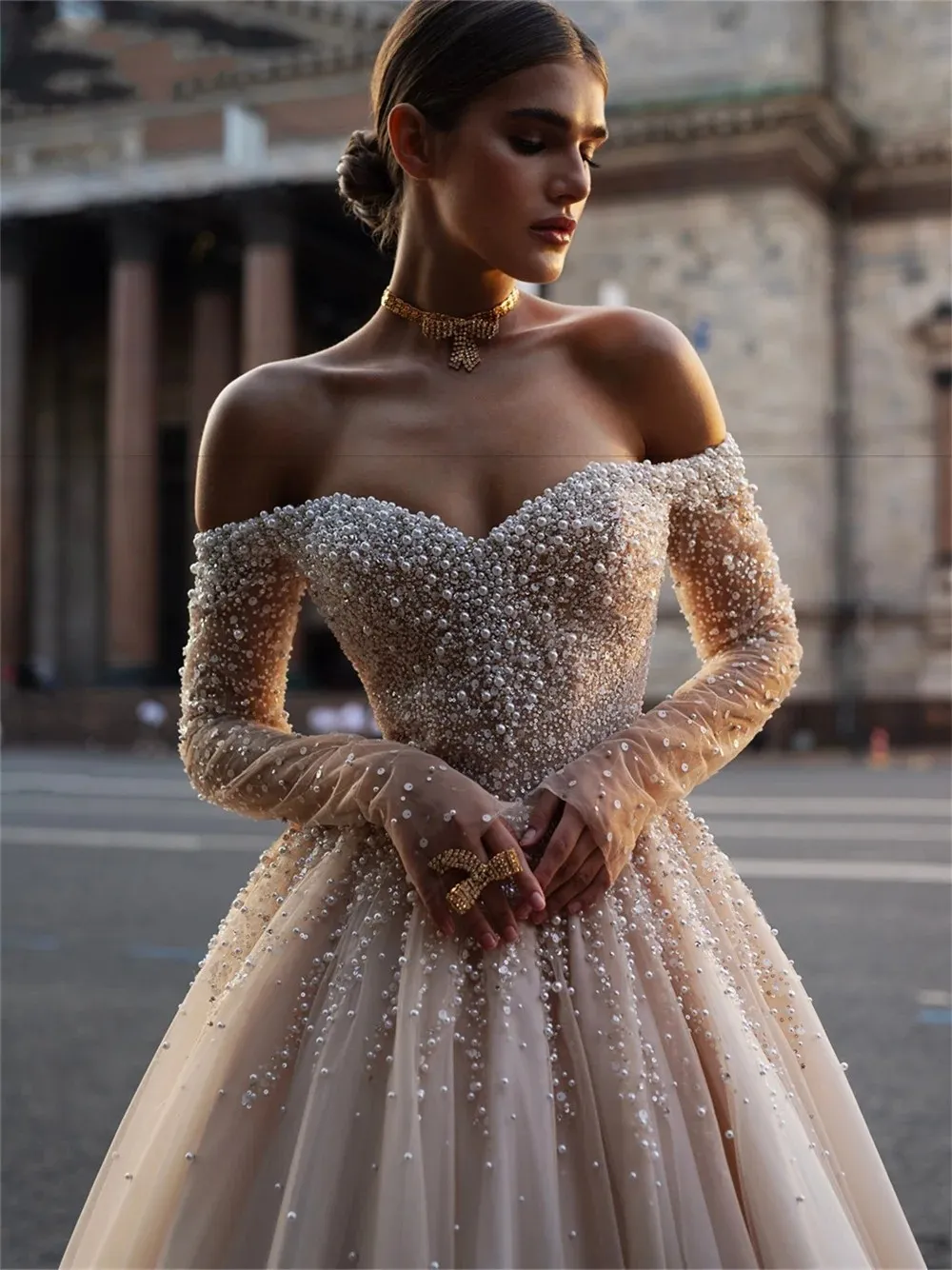 Ahorra a lo Grande en Compras al por Mayor de Charming Off The Shoulder  Wedding Dress Long Sleeves Bride Gown 2024 Elegant Pearls Sequined A Line 