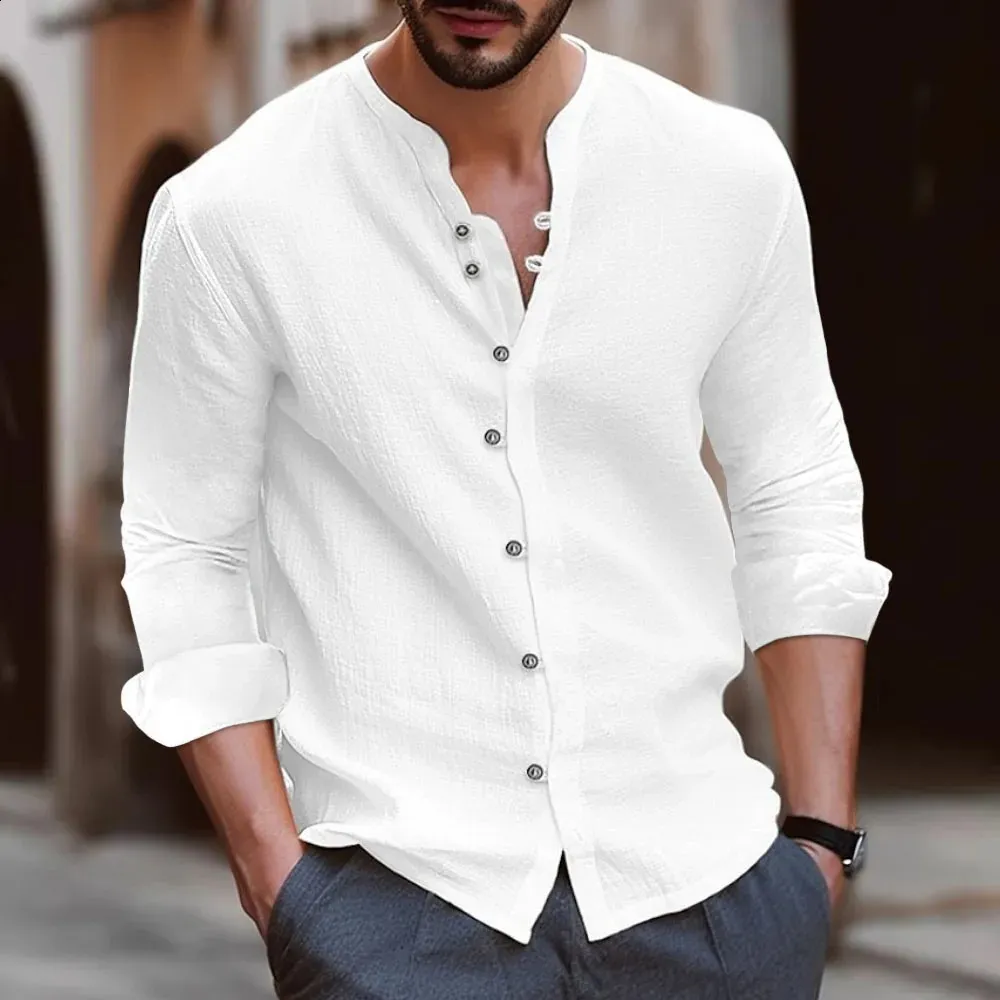 Premium Cotton Linen Long Sleeve Mens Shirt - Retro V-Neck