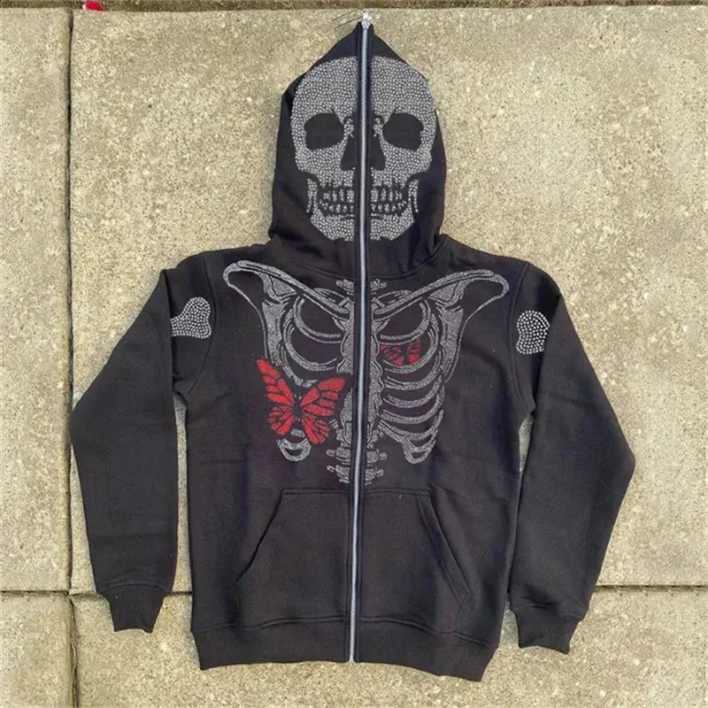 Skeleton Rhinestones Goth Rhinestones Skeleton Jacket Hoodie, Punk Long Sleeve Streetwear ...