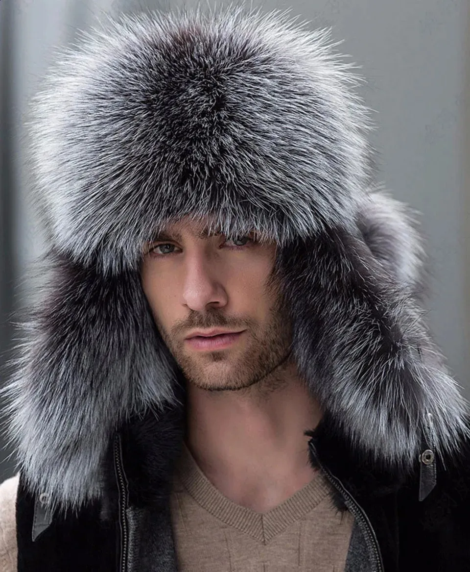 Mens Genuine Silver Fox Fur Winter Bomber Hats With Real  display picture 3