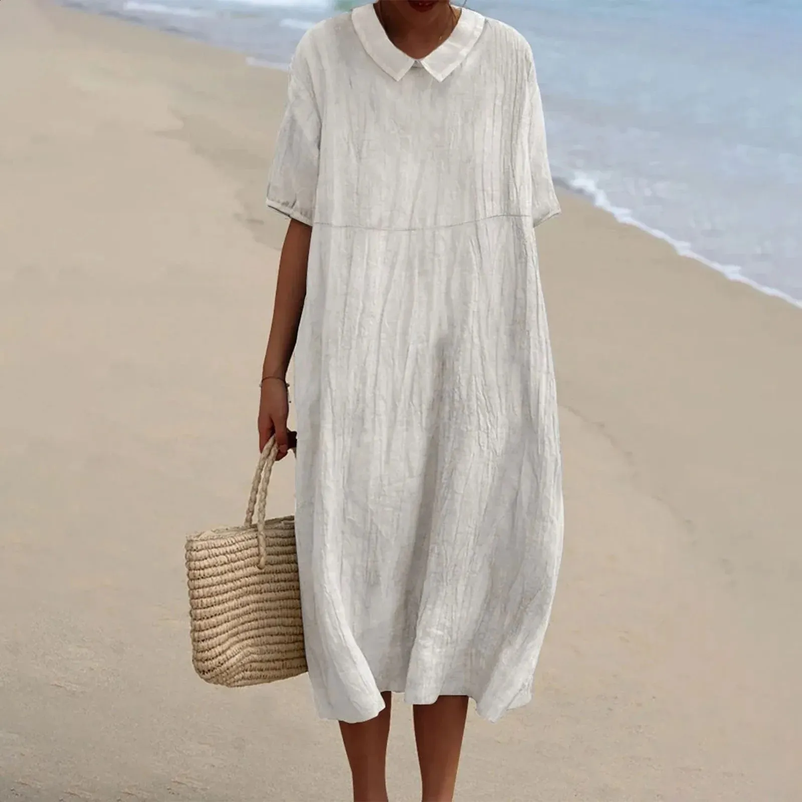 knee length dresses for ladies Loose Linen Dress Jane with Pockets, Midi Length Dress