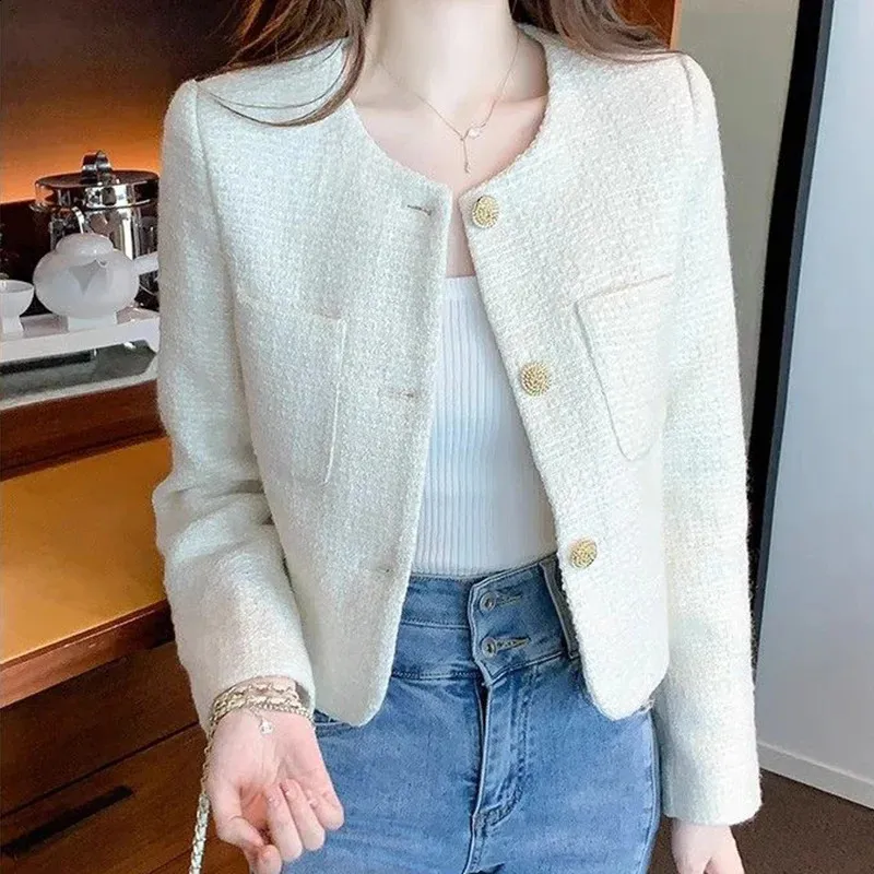 Chic Spring Tweed Jacket: Womens Cropped Round Neck Coat - Shop