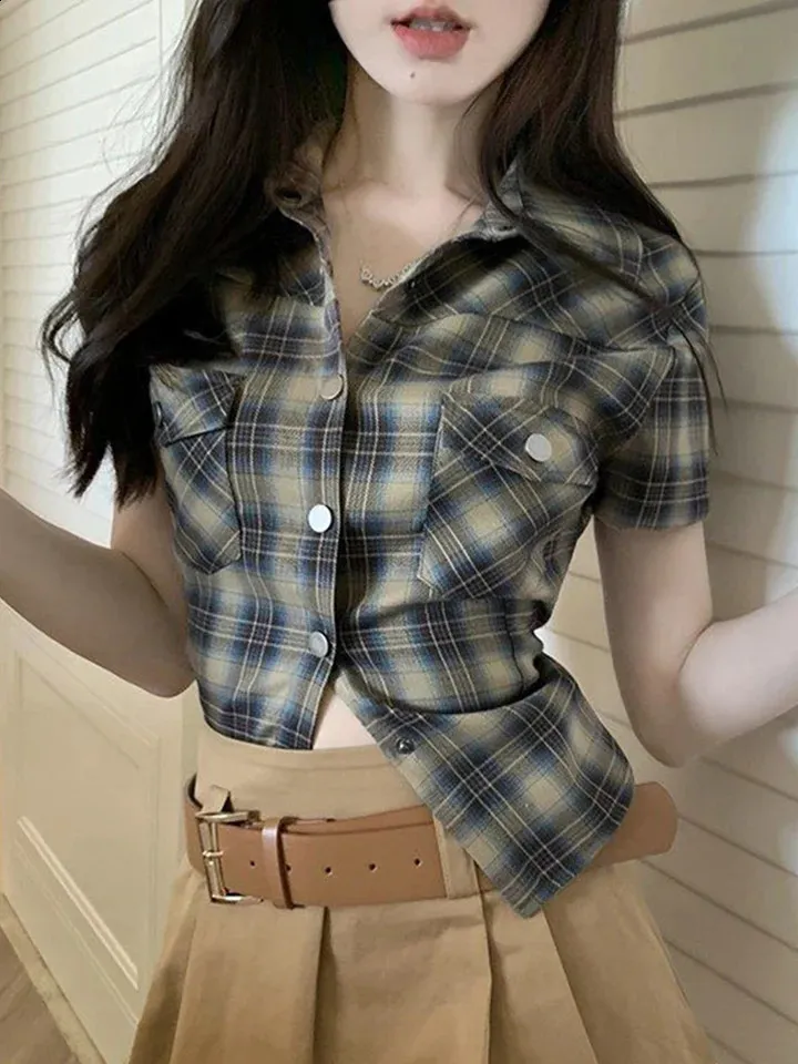 Zoki Vintage Slim Women Plaid Shirt Casual Harajuku Short Sleeve