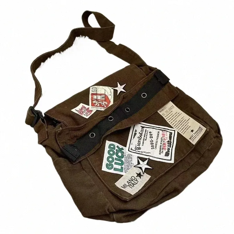 Y2K Star Patch Crossbody Bag: Vintage Canvas Messenger Bag