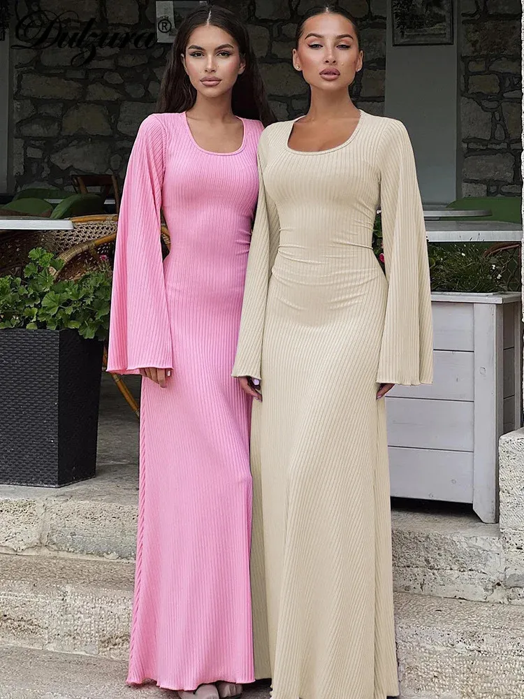 Ribbed Maxi Dress With Trumpet Sleeves And Lace Up Back