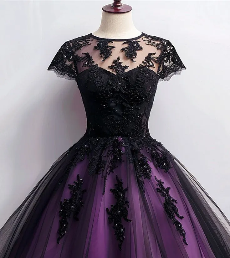 Jeweled Purple and Black A-Line Purple Lace homecoming dress with Short Sleeves and Lace Appliques - Perfect for Cocktail Parties, Proms, Graduations, Jeweled Purple and Black A-Line Purple Lace homecoming dress with Short Sleeves and Lace Appliques - Perfect for Cocktail Parties, Proms, Graduations,