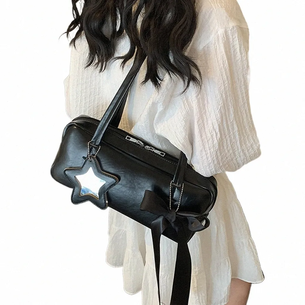 Women Fi Bow Shoulder Bag Mini PU Leather Vintage Boston Bag with