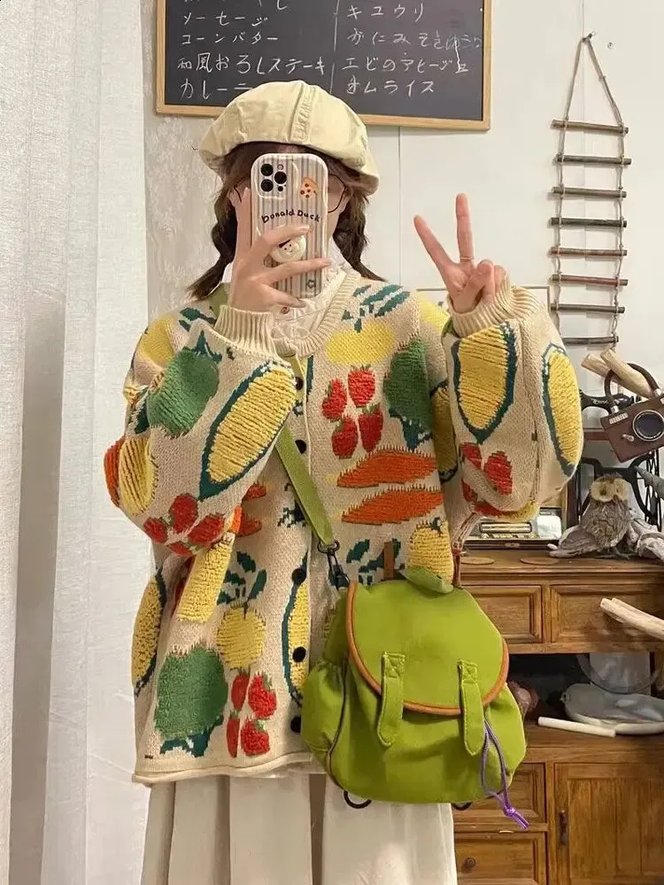 Vintage Cartoon Jacquard Acetate Cardigan Sweater for Women, Loose