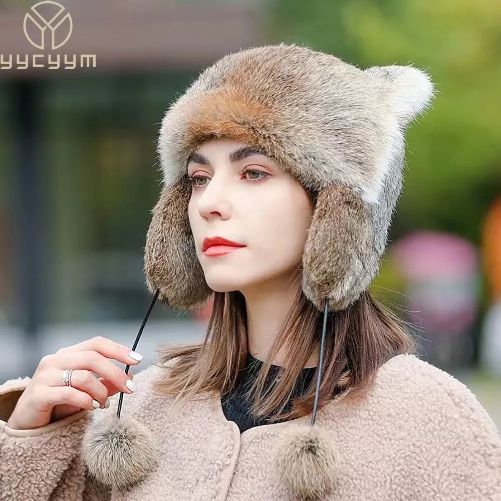 Lady Winter Real Rabbit Fur Hat Natural Fluffy Knit Snow Cap  display picture 3