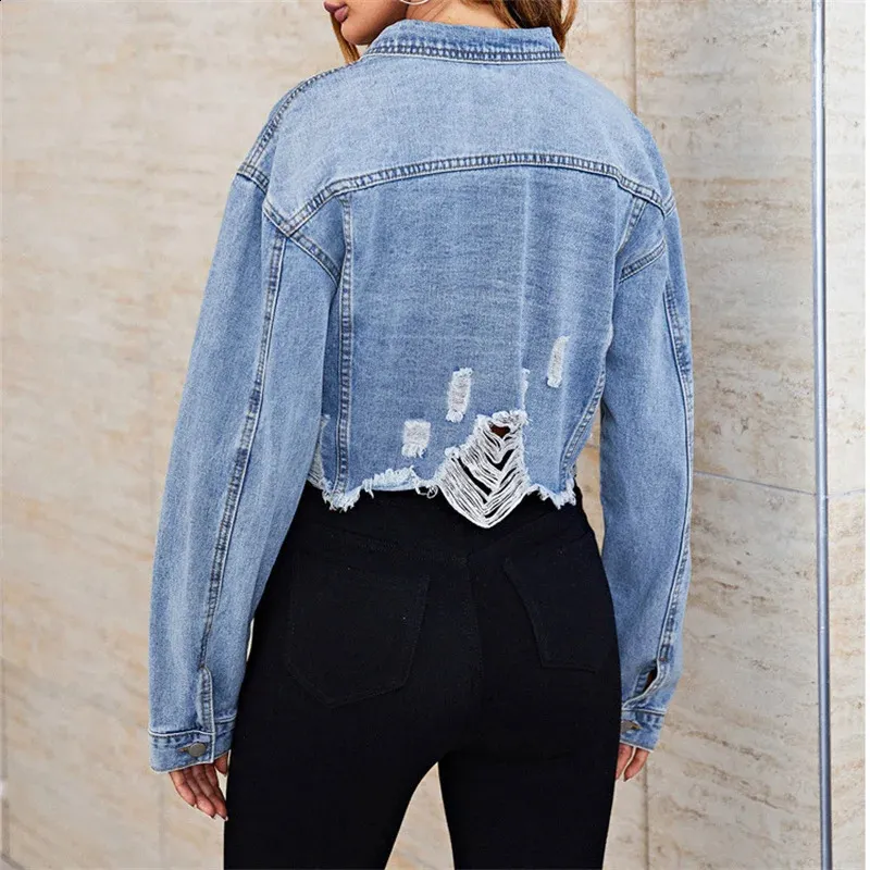 Distressed Denim Jacket: Womens Tassel Hem, Double Pocket Distressed Denim Jacket: Womens Tassel Hem, Double Pocket