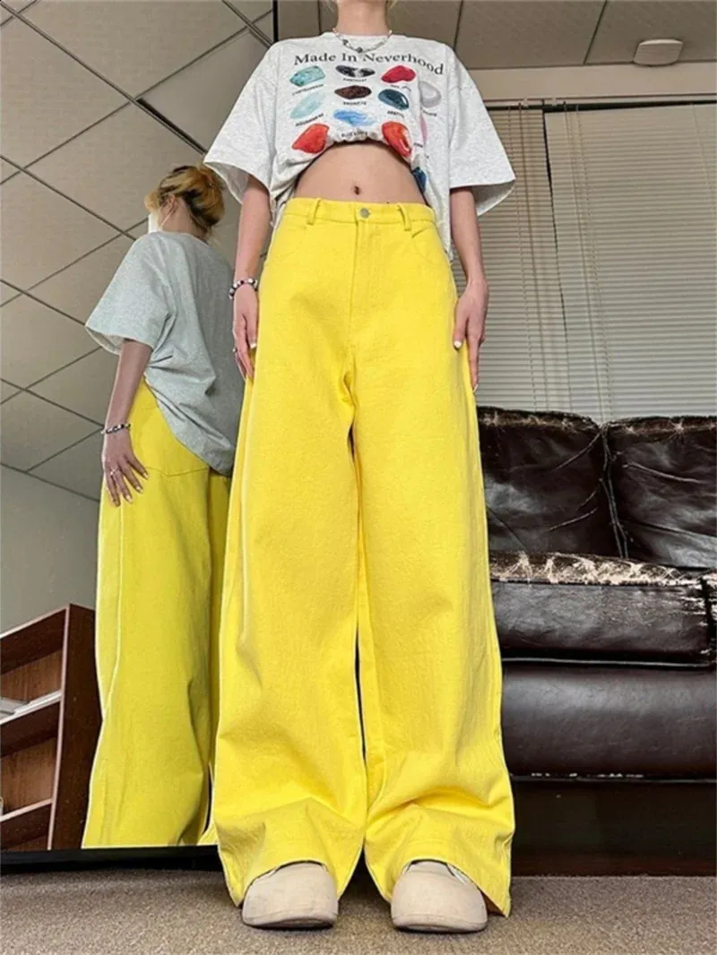 【EZKATON】24SS★ Yellow Sandy Wide Denim Pants Chic High Waist Wide Leg Baggy baggy jeans for Women - Chic
