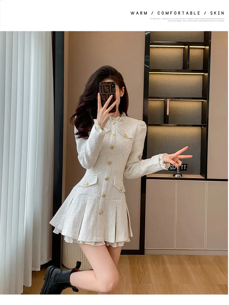 ワンピース Tweed Pleated Mini Dress Tweed Mini Dress: Autumn Long Sleeve, Pleated Ruffle, Single