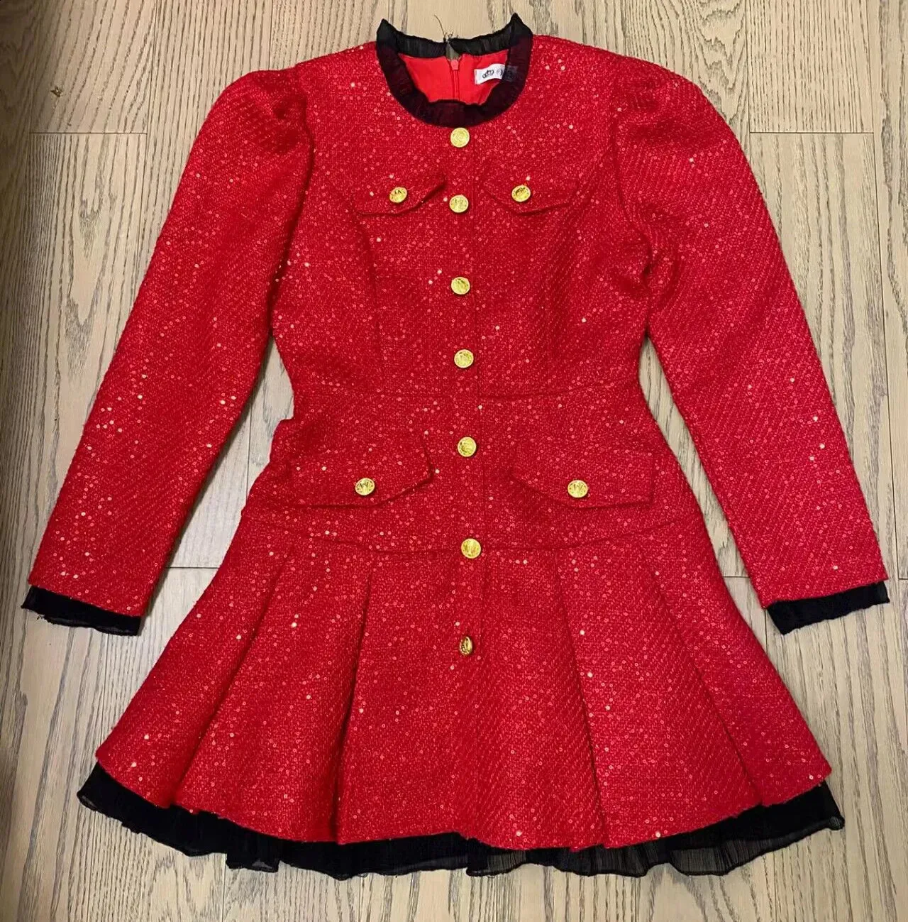 Tweed Mini Dress: Autumn Long Sleeve, Pleated Ruffle, Single
