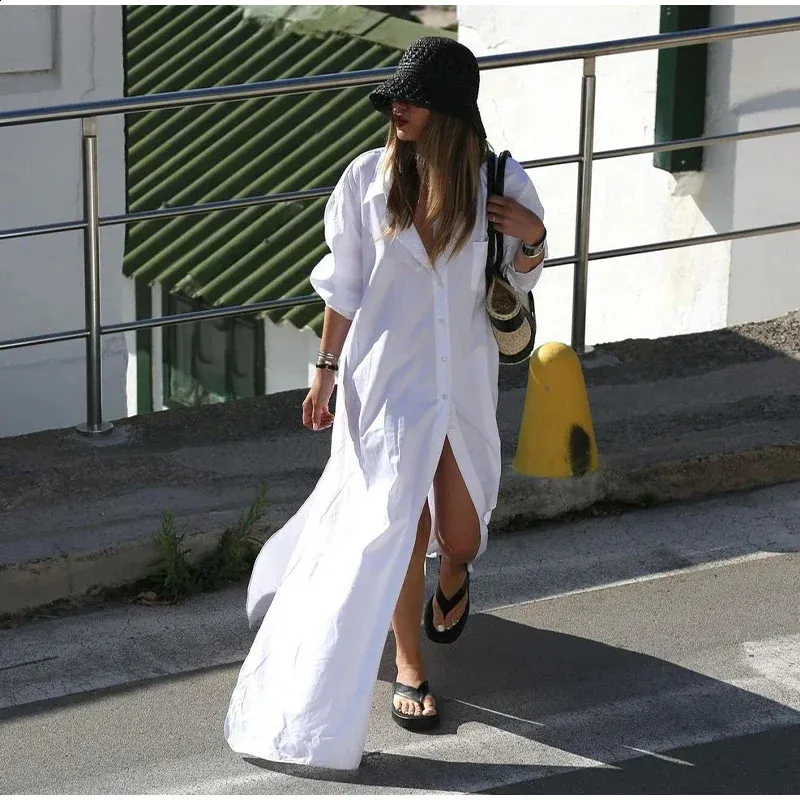 Elegant White Long Maxi Dress - Chic Lapel, Single Breasted, Split Hem.  Shop Now! from Dhgate Basic & Casual Dresses - price 80.0