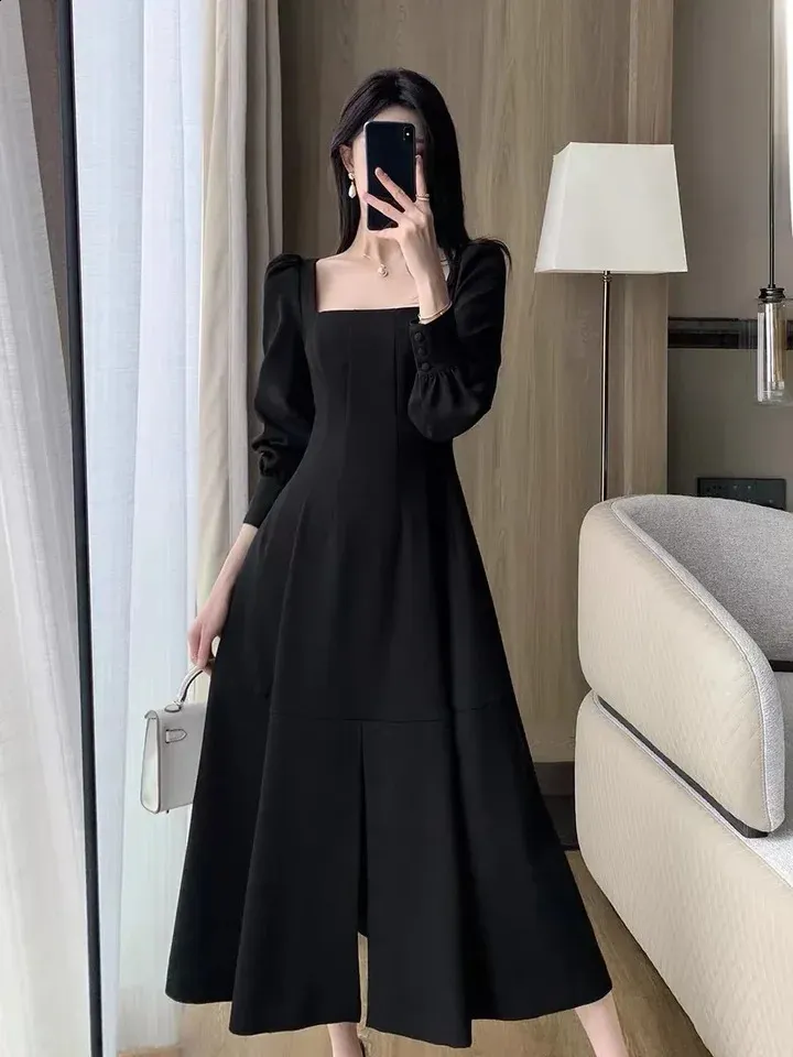 French Style Slimming Long Sleeve square neck midi dress for Women - Elegant Black Waist Fitting, Inspired by Audrey Hepburn - Autumn Collection (