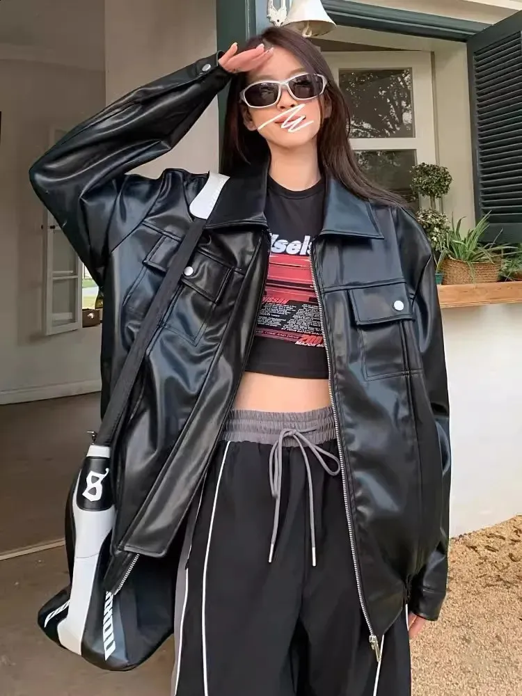 Vintage Korean Leather Bomber leather jacket for Women - Y2K Vintage Korean Leather Bomber leather jacket for Women - Y2K