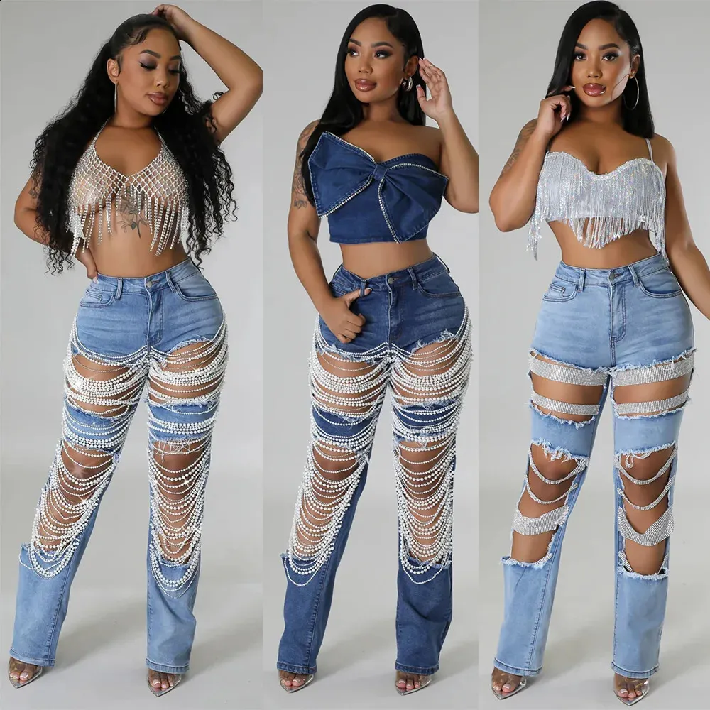 Save Big on Bulk Pearl Pants Chain Jeans With Giant Holes Featuring Pant  Chains: Women's Denim Straight Leg Full Length Pants For Summer Fashion  - Main Image