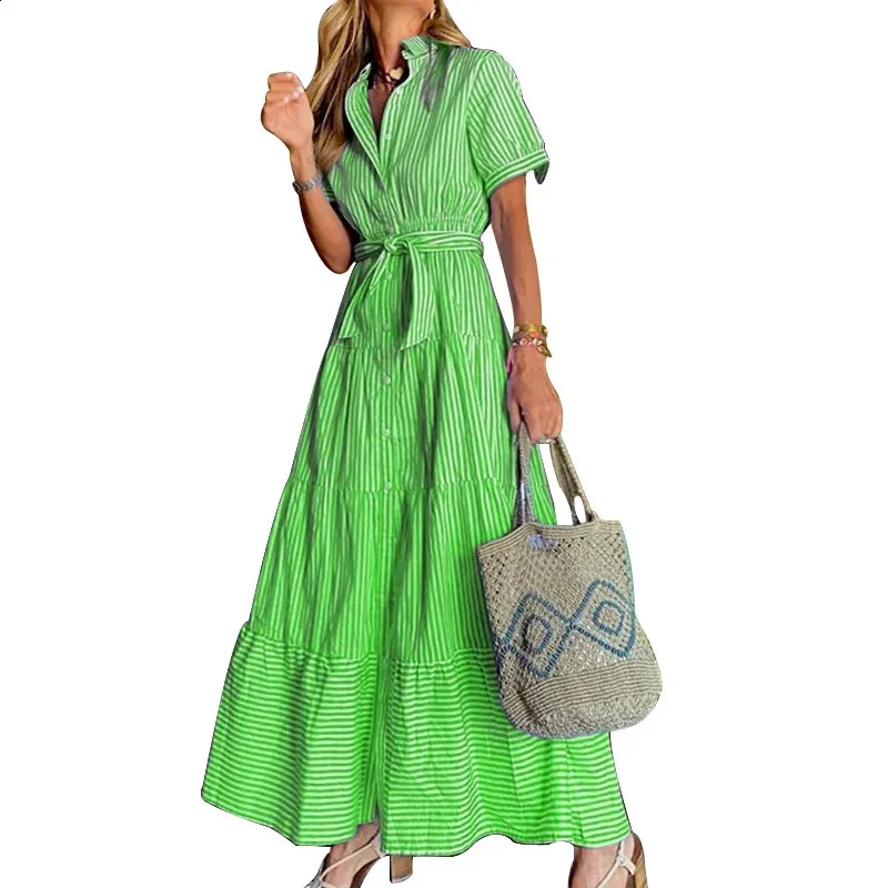 ● ZEROSTREET ● Stripe Collar One-Piece Dress Elegant Striped Maxi Dress - Womens Summer Outfit, Short