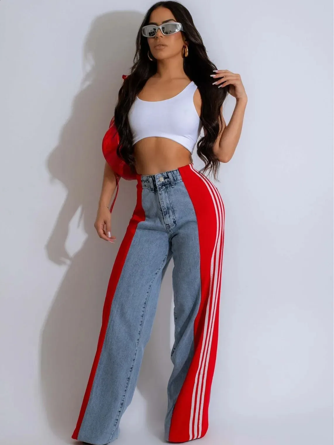 Wide Leg Womens Jeans With Red Stripe High Waist Stripe Denim