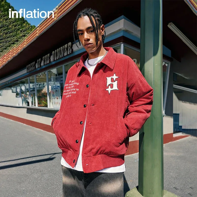 INFLATATION Corduroy Varsity corduroy jacket Unisex Oversized Bomber Coat with Retro Letter Embroidery for College and UK Style 240722