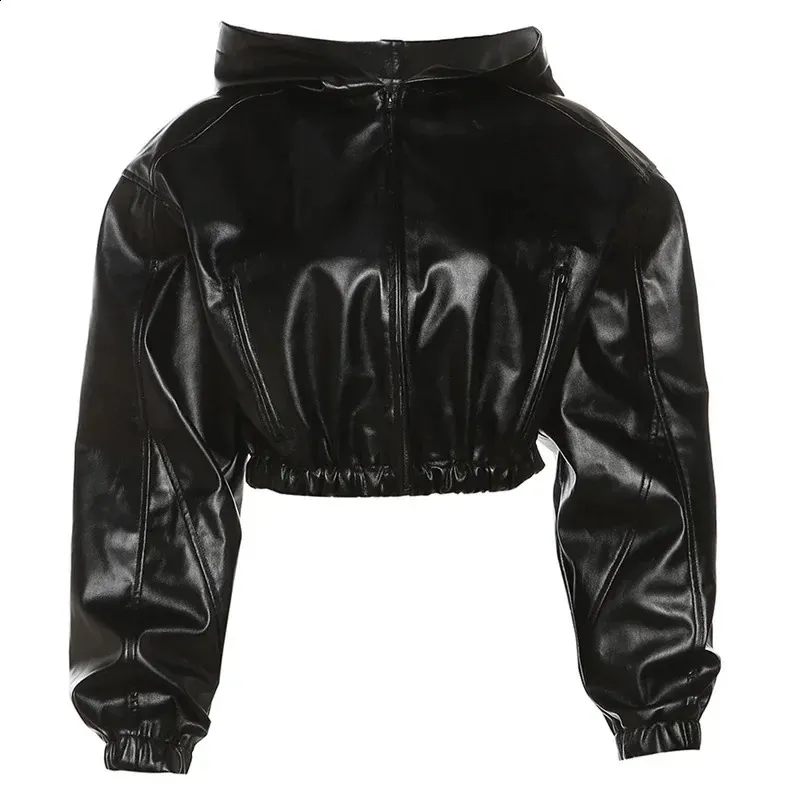 Womens Black Faux Leather Moto Jacket: Y2K Long-Sleeve Zip-Up Crop
