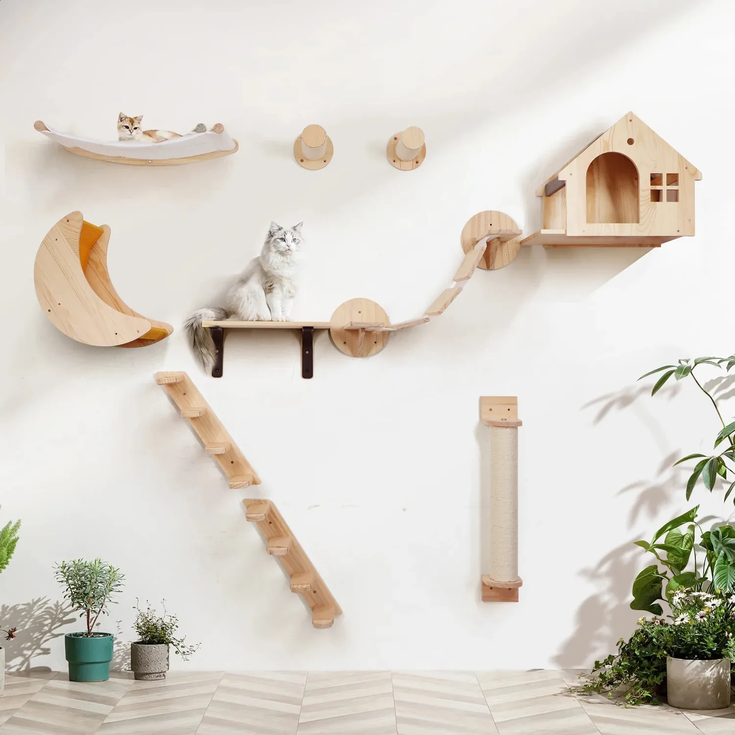 thumbnail image 2 of Cute Solid Wood Cat Tree Natural Branch Modern Flower Cat Tower With Sisal Scratching Posts 2 of 14
