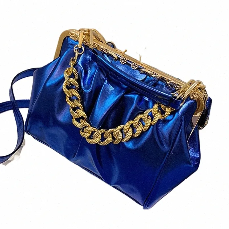 Sier Blue Ruched PU Leather Shoulder Bag with Shell Clip Lock for Women