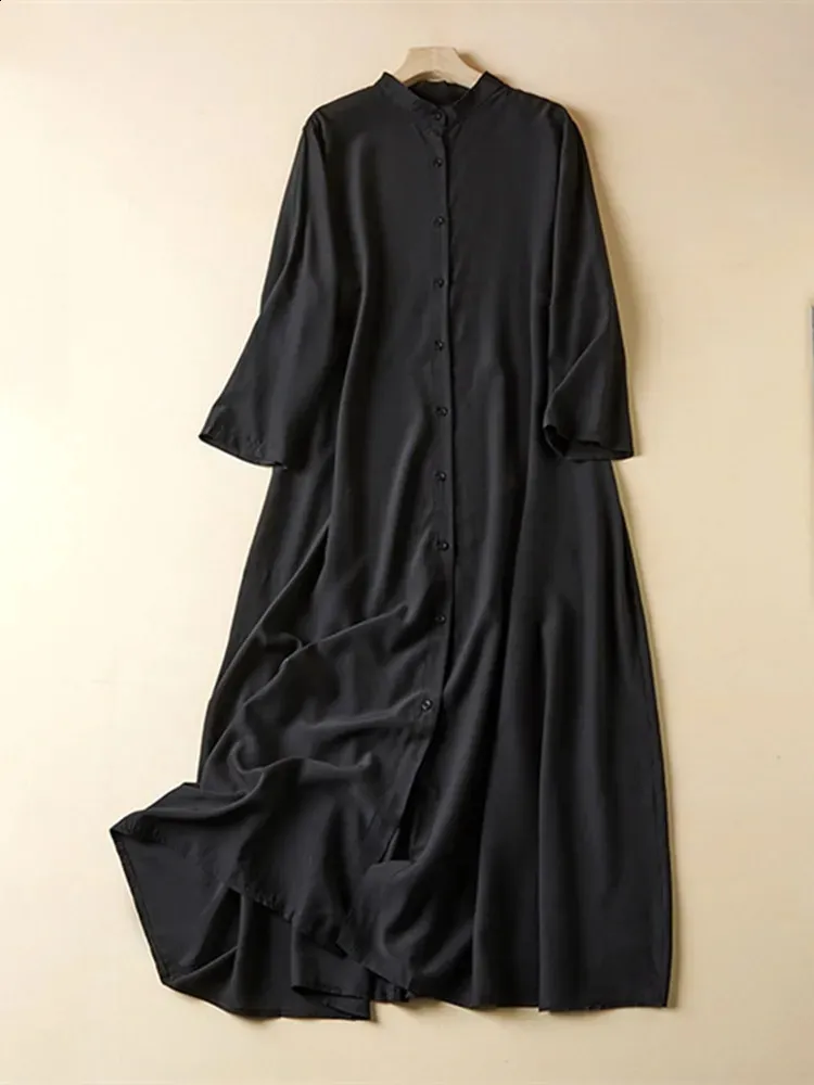loose fitting cotton summer dresses Asgosdo Women Summer Dresses Cotton V Neck 3/4 Sleeve Cutout Solid Color Loose  Fit Casual Soft Beach Dress