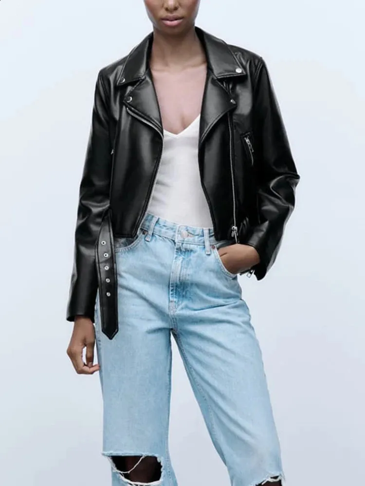 Faux Leather Zipper Jacket with Belt | Fall Winter Loose