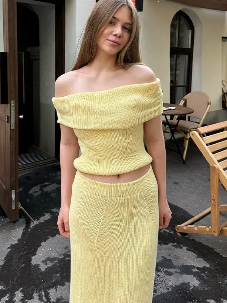 Elegant Knitwear Set: Off-Shoulder Sweater Top Maxi Skirt Autumn  Fashion, Slim Fit, Two-Piece Outfit Shop Now!